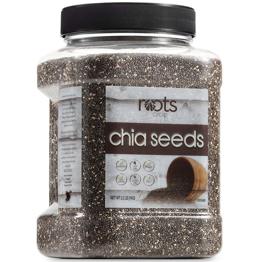 Roots Circle Non-GMO Bulk Chia Seeds | 2.2lb Raw Superfood, Vegan, Kosher, Nut & Gluten Free, Keto, Paleo & Whole30 Friendly Add Omega 3 & Protein to Salad, Smoothie, Oatmeal, Acai Bowl | Airtight Jar