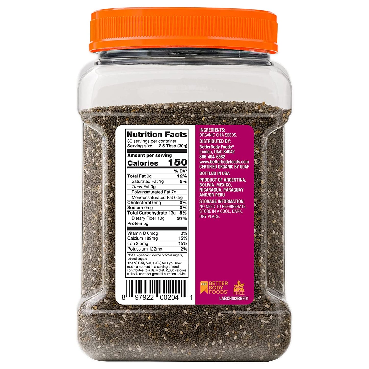 BetterBody Foods Organic Chia Seeds with Omega-3, Non-GMO, Gluten Free, Keto Diet Friendly, Vegan, Good Source of Fiber, Add to Smoothies, 2 lbs, 32 Oz