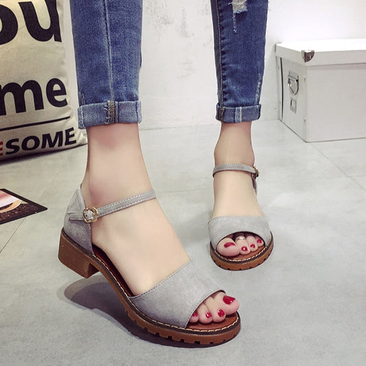 Summer Floral Sandals Fish Mouth Women Sandals Pu Suede Retro High Heels Square Heel Woman Buckle Shoe size 35-40