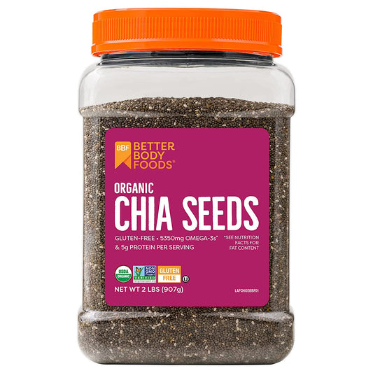 BetterBody Foods Organic Chia Seeds with Omega-3, Non-GMO, Gluten Free, Keto Diet Friendly, Vegan, Good Source of Fiber, Add to Smoothies, 2 lbs, 32 Oz