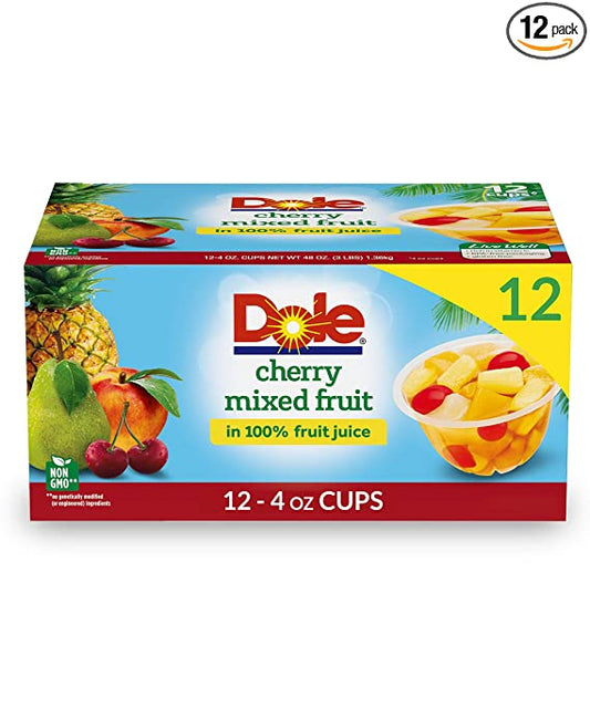 Dole Fruit Bowls Cherry Mixed Fruit in 100% Juice, Gluten Free Healthy Snack, 4 Oz, 12 Total Cups