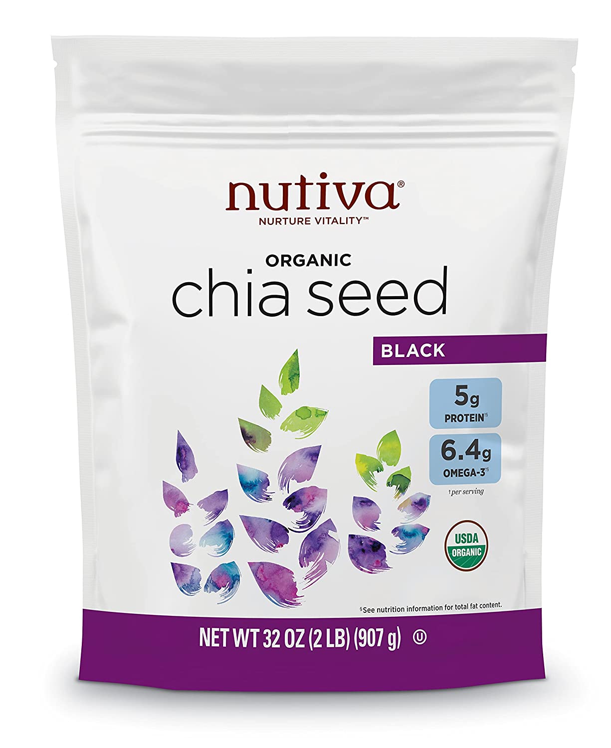 Nutiva Organic Premium Raw Black Chia Seeds, 32 Oz, USDA Organic, Non-GMO, Whole 30 Approved, Vegan, Gluten-Free & Keto, Nutrient-Dense Seeds with 3g Protein & 5g Fiber for Salads, Yogurt & Smoothies