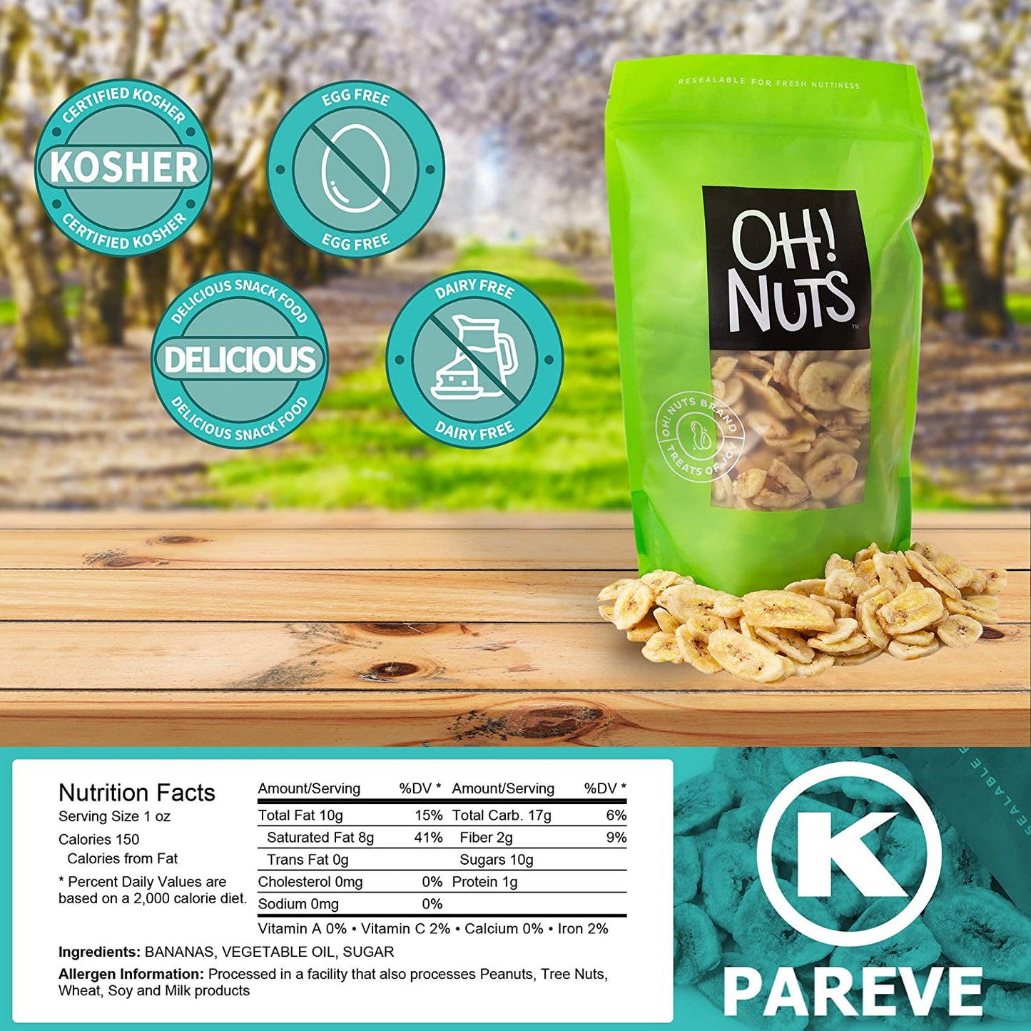 Oh! Nuts Dried Banana Chips | (3lb - 48oz) Bulk Bag Fresh Sweetened Dehydrated Banana Fruit Slices | Snacking & Baking | Low in Sodium, Cholesterol, Fat, High Fiber, Egg, Dairy Free | Light Sugar Added
