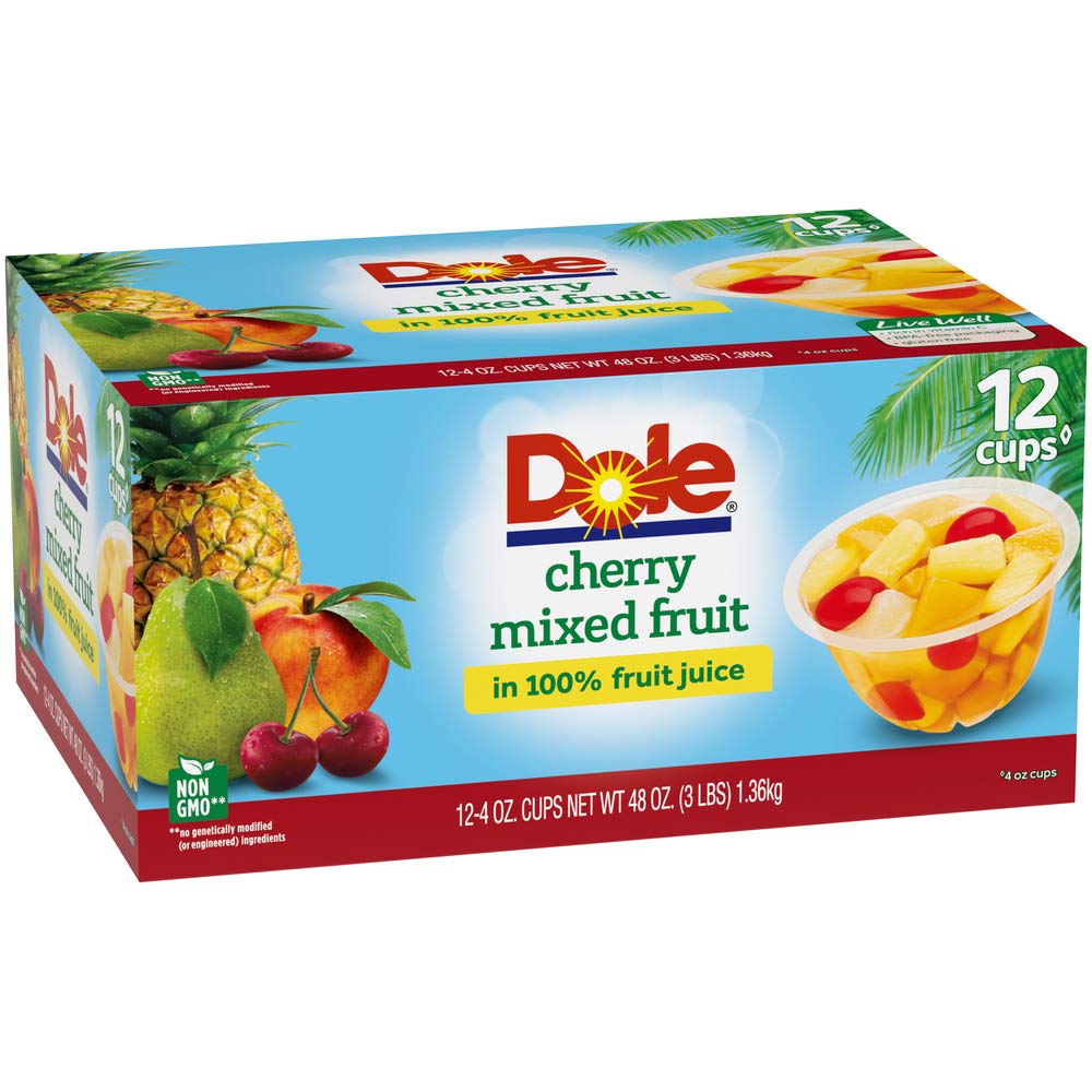 Dole Fruit Bowls Cherry Mixed Fruit in 100% Juice, Gluten Free Healthy Snack, 4 Oz, 12 Total Cups