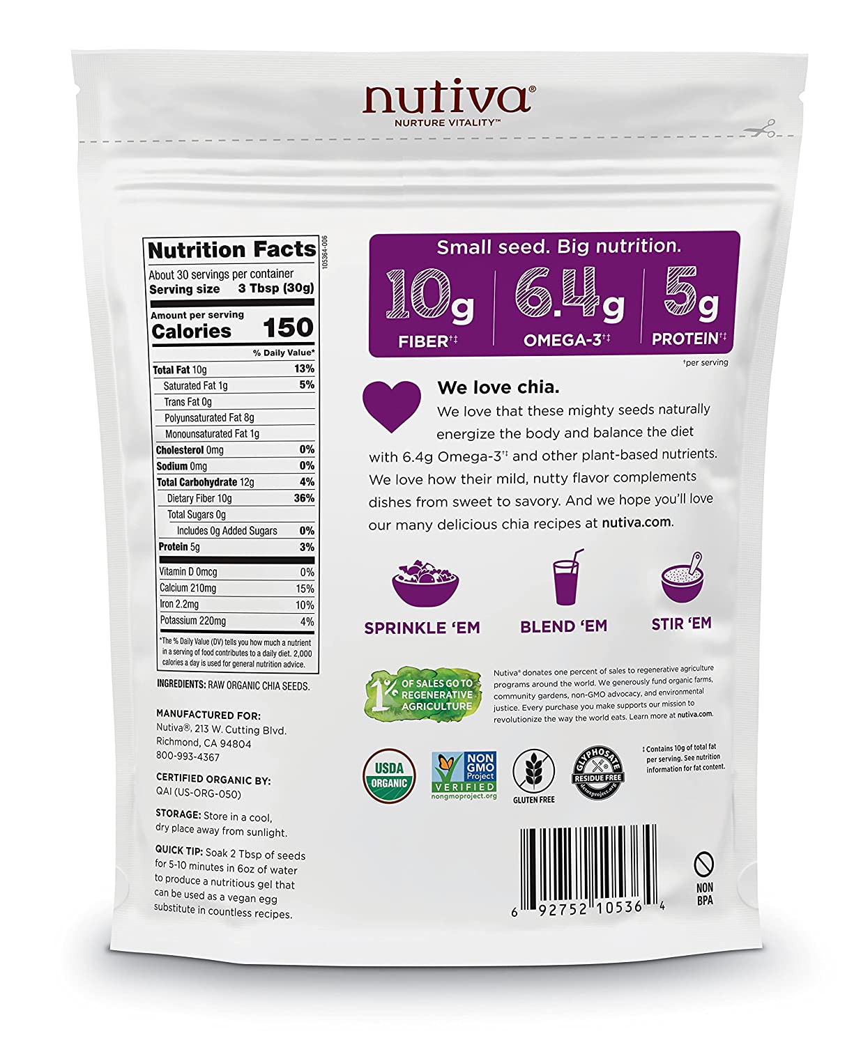 Nutiva Organic Premium Raw Black Chia Seeds, 32 Oz, USDA Organic, Non-GMO, Whole 30 Approved, Vegan, Gluten-Free & Keto, Nutrient-Dense Seeds with 3g Protein & 5g Fiber for Salads, Yogurt & Smoothies