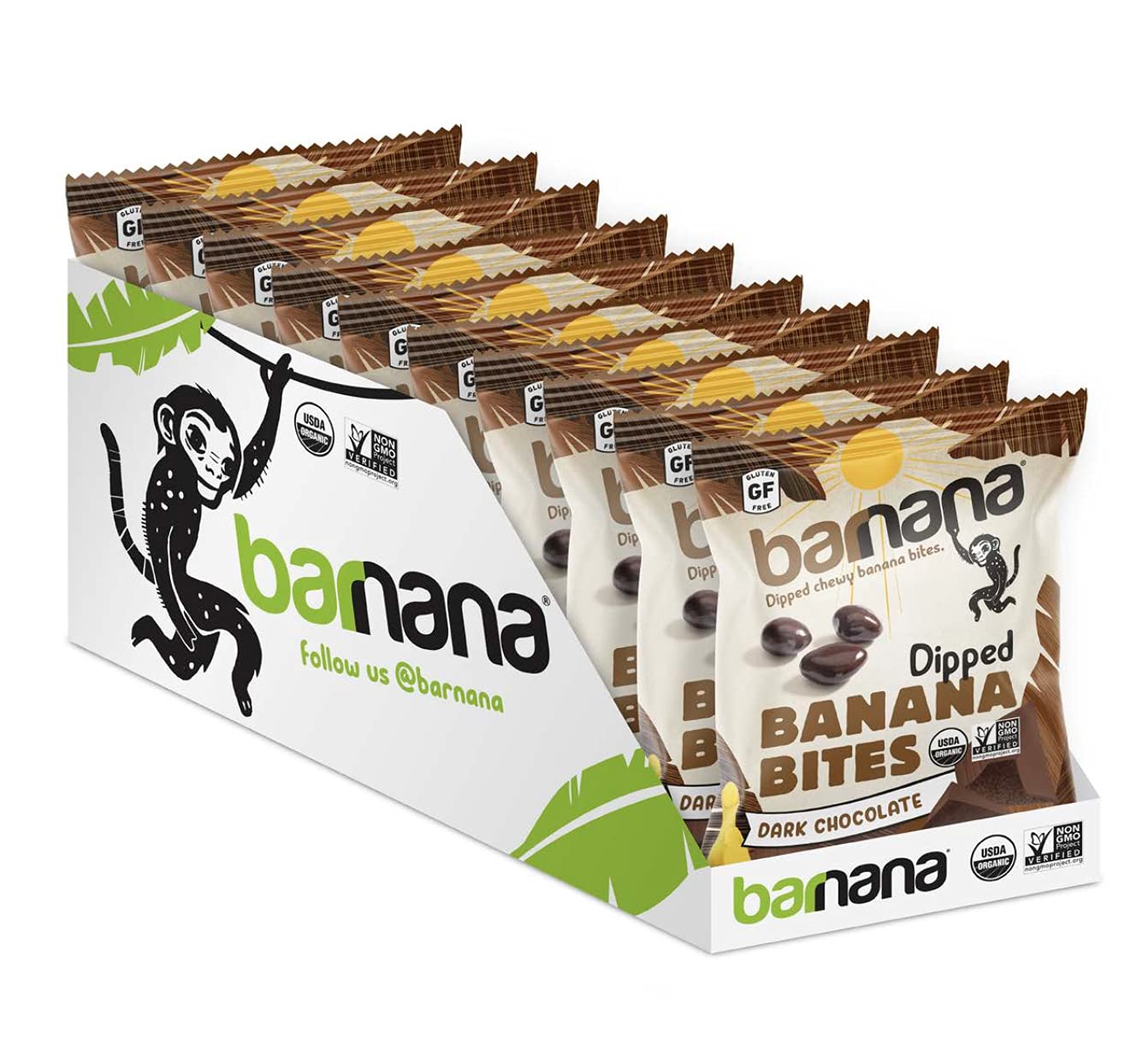 Barnana Organic Chewy Banana Bites, Dark Chocolate Banana Flavor, 1.4 Ounce Bags (12 Bags Total) - Non-GMO, USDA Organic Upcycled Snack