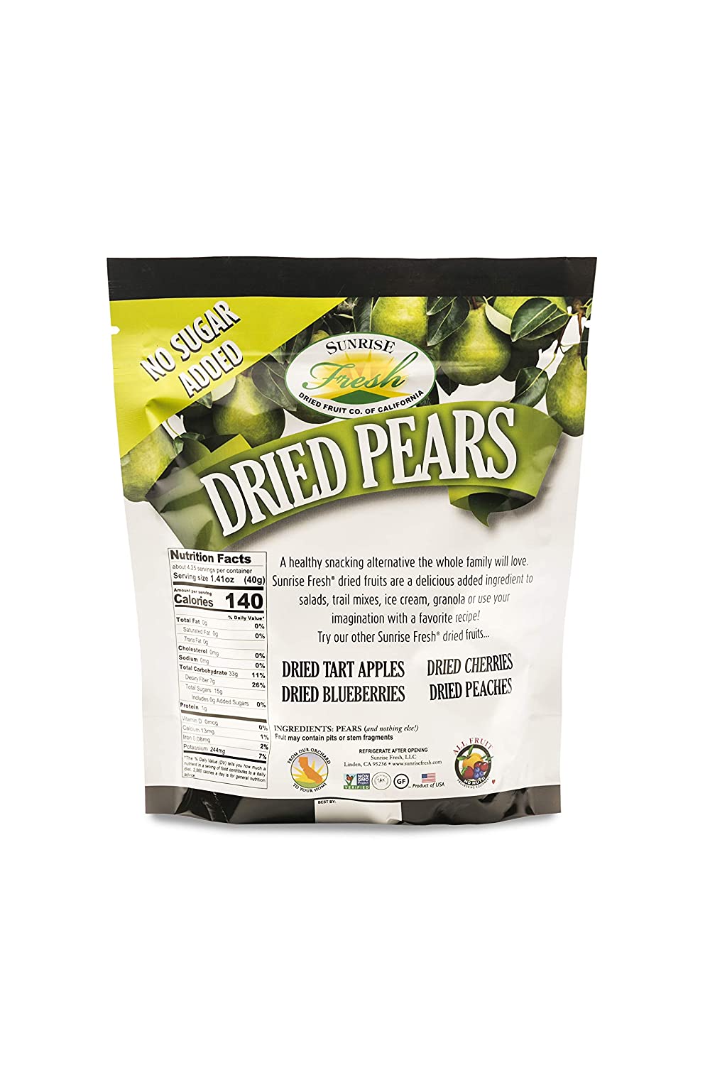 Dried California Pears, Unsweetened, No added sugar, Sunrise Fresh Dried Fruit Co.