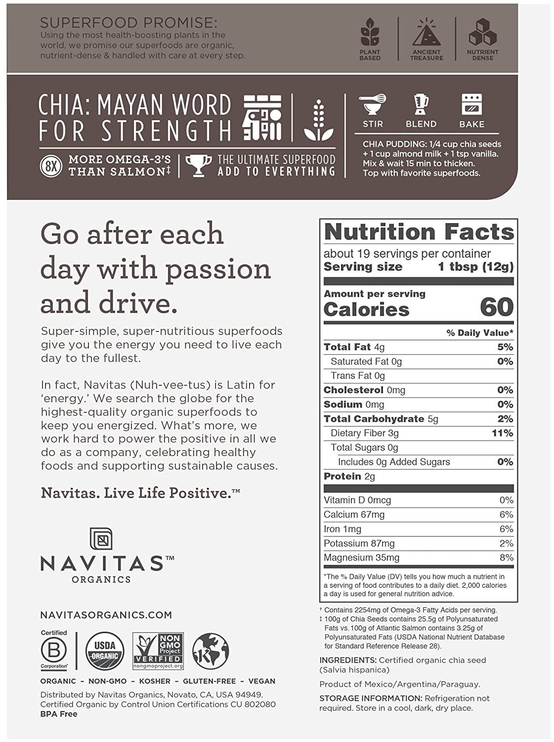 Navitas Organics Chia Seeds, 8 oz. Bag, 19 Servings — Organic, Non-GMO, Gluten-Free