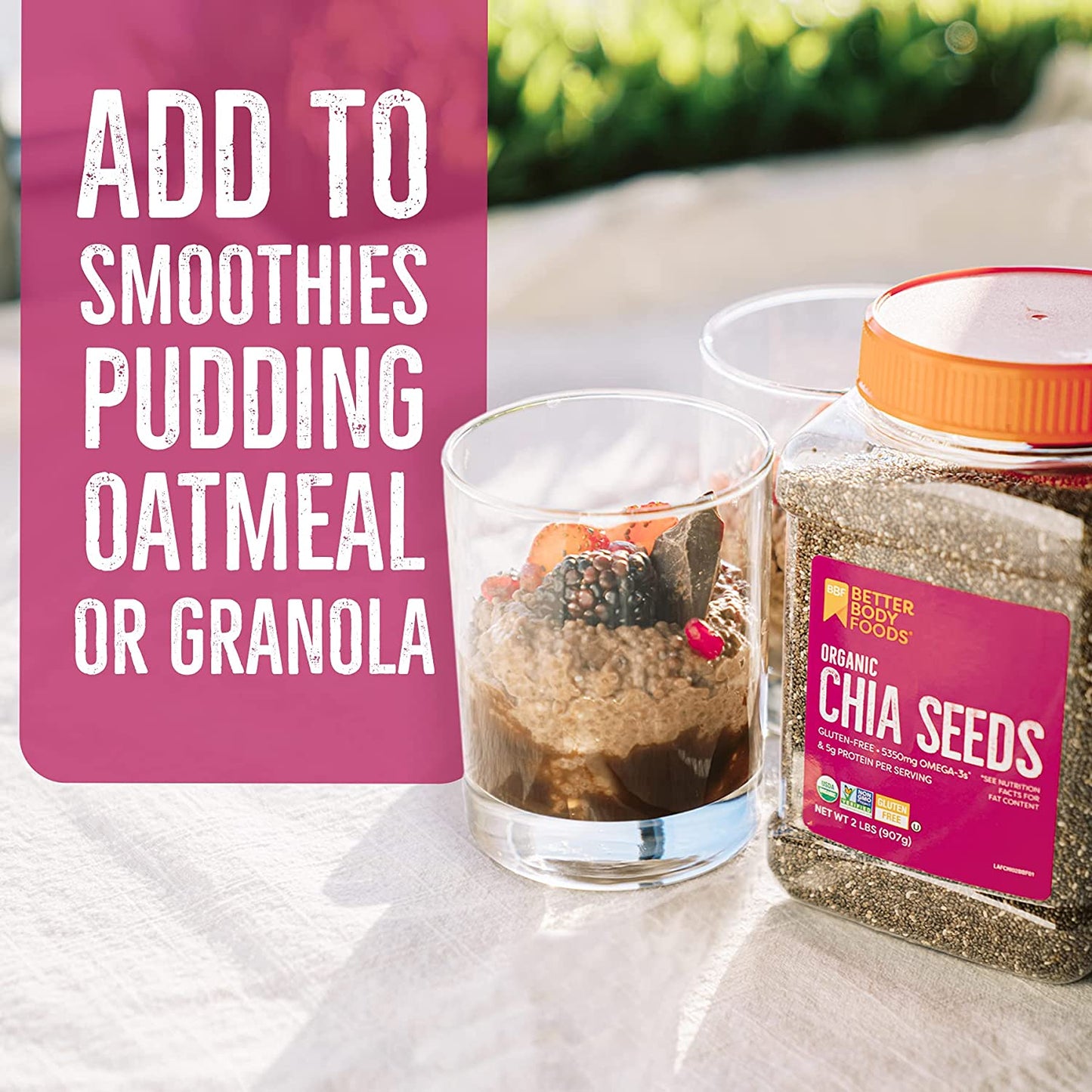 BetterBody Foods Organic Chia Seeds with Omega-3, Non-GMO, Gluten Free, Keto Diet Friendly, Vegan, Good Source of Fiber, Add to Smoothies, 2 lbs, 32 Oz