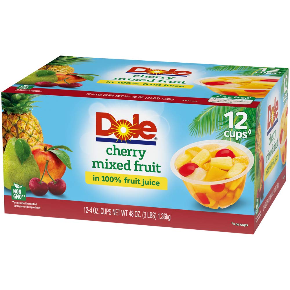 Dole Fruit Bowls Cherry Mixed Fruit in 100% Juice, Gluten Free Healthy Snack, 4 Oz, 12 Total Cups