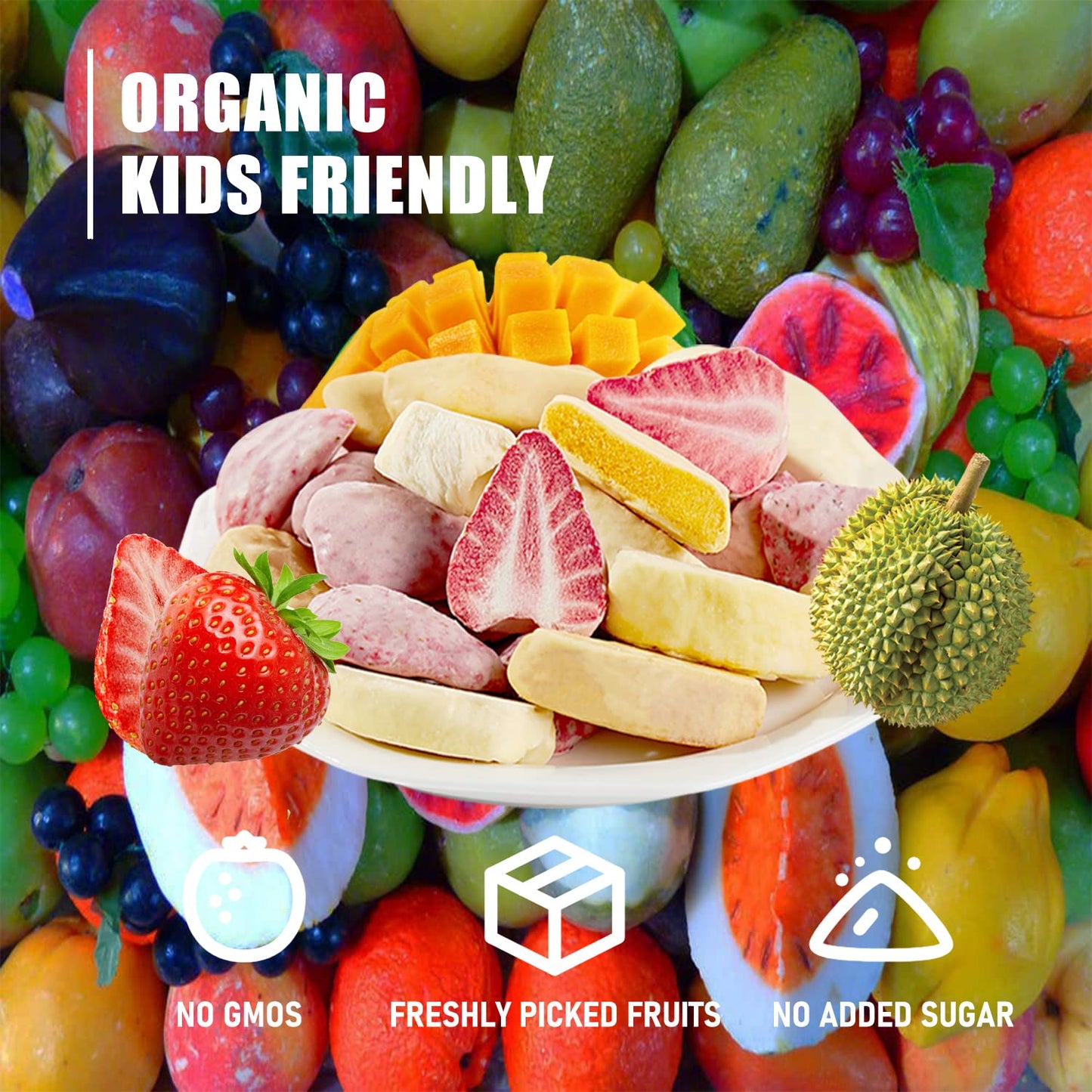 URSNACKS Freeze-Dried Mix Fruit Durian Strawberry Mango Chips,Single-Serve Pack, Non GMO, Kosher, Gluten free, Snack 1.69 Ounce