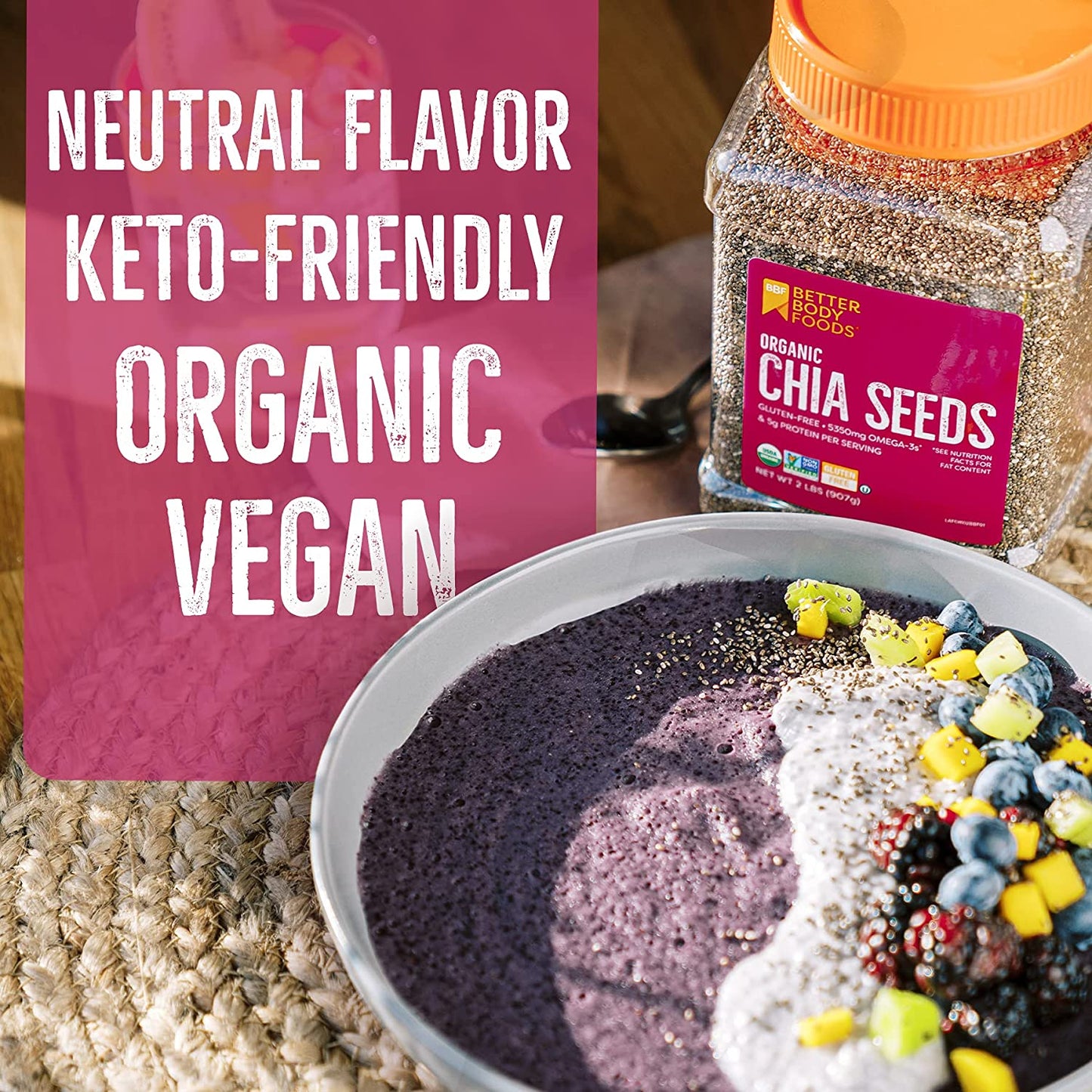 BetterBody Foods Organic Chia Seeds with Omega-3, Non-GMO, Gluten Free, Keto Diet Friendly, Vegan, Good Source of Fiber, Add to Smoothies, 2 lbs, 32 Oz