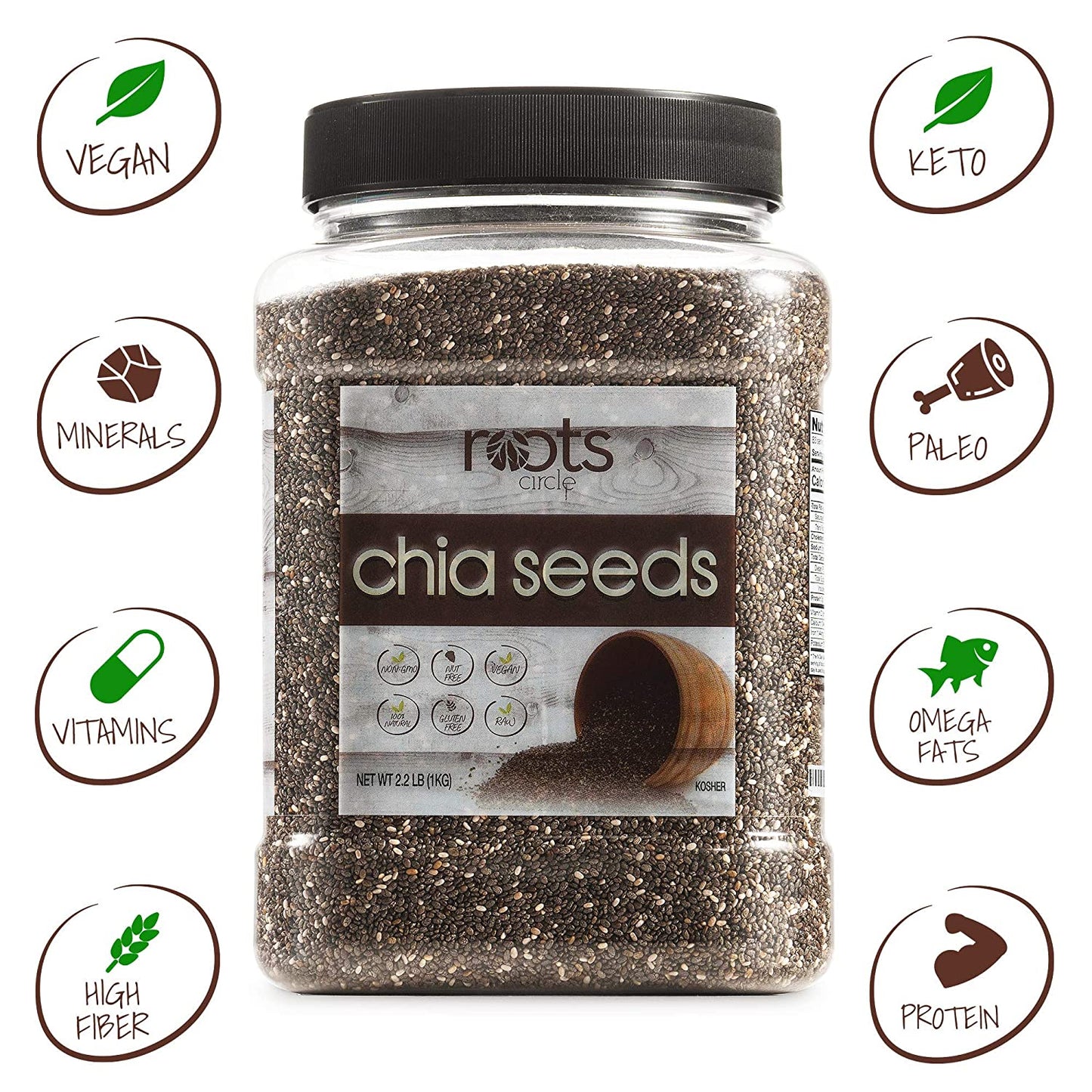 Roots Circle Non-GMO Bulk Chia Seeds | 2.2lb Raw Superfood, Vegan, Kosher, Nut & Gluten Free, Keto, Paleo & Whole30 Friendly Add Omega 3 & Protein to Salad, Smoothie, Oatmeal, Acai Bowl | Airtight Jar