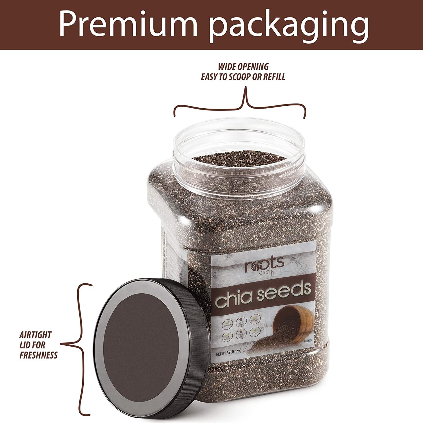 Roots Circle Non-GMO Bulk Chia Seeds | 2.2lb Raw Superfood, Vegan, Kosher, Nut & Gluten Free, Keto, Paleo & Whole30 Friendly Add Omega 3 & Protein to Salad, Smoothie, Oatmeal, Acai Bowl | Airtight Jar