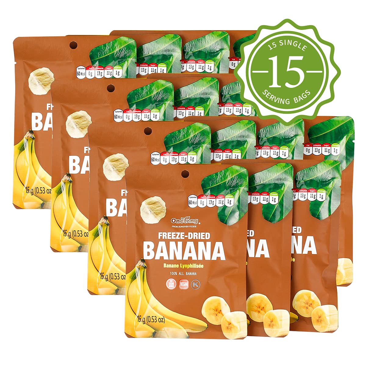 ONETANG Freeze-Dried Fruit Banana Chips, 15 Pack Single-Serve Pack, Non GMO, Kosher, No Add Sugar, Gluten free, Vegan, Healthy Snack 0.52 Ounce