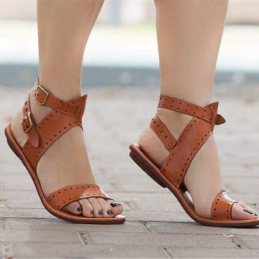 Women Sandals  Flat Gladiator Leather Sandals Summer Shoes Woman Rome Style Double Buckle Casual Beach Sandles Plus Size hjm7
