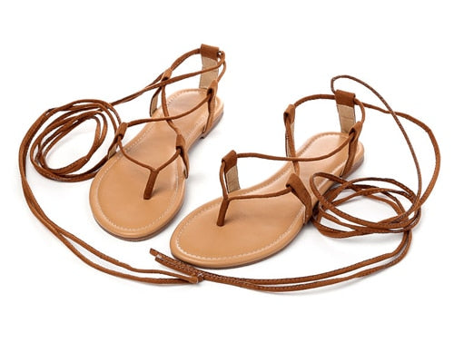Eilyken Summer Roman Sandals  Multiple Cross-Strap tall knee high Bondage Thong Nubuck Women Sandals Flip flops Black Apricot