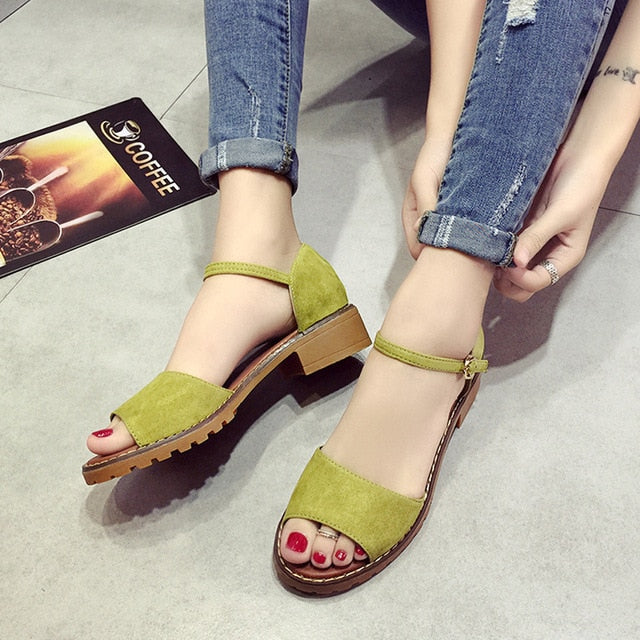 Summer Floral Sandals Fish Mouth Women Sandals Pu Suede Retro High Heels Square Heel Woman Buckle Shoe size 35-40