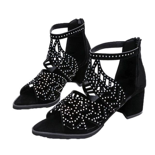 Women Summer Hollow Out Faux Leather Rhinestones Thick Heel Zipper Sandals Shoes